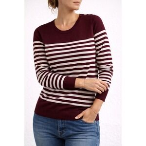 Burgundy White Striped Button Shoulder‎ Nautical Crew Neck Knit Sweater Womens